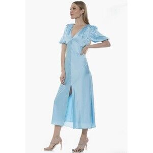 Alexia Admor Lorelei Dress Halogen Blue Satin Button Midi Size 6 Cocktail Party